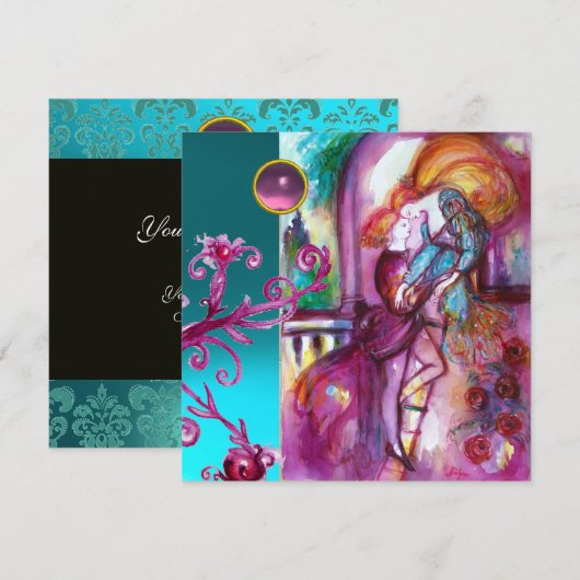 ROMEO EN JULIET / Blauwgroene Roze Damast Bloemsli Kaart (Voorkant / Achterkant)