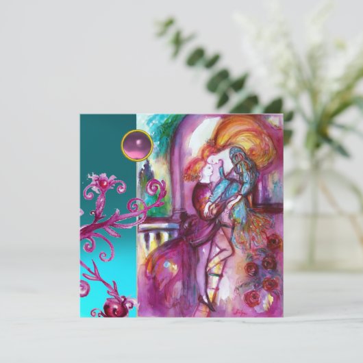 ROMEO EN JULIET / Blauwgroene Roze Damast Bloemsli Kaart (Staand voorkant)