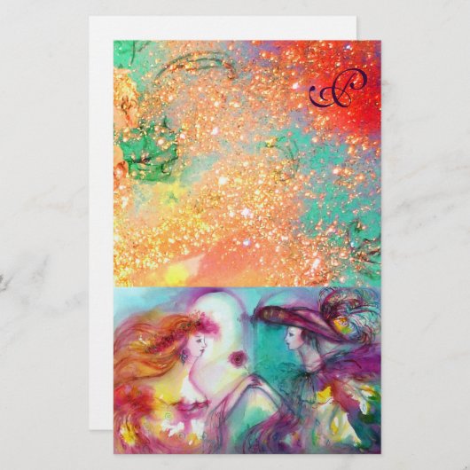 ROMEO EN JULIET, PINK GREEN GOLD SPARKLES MONOGRAM BRIEFPAPIER (Voorkant / Achterkant)