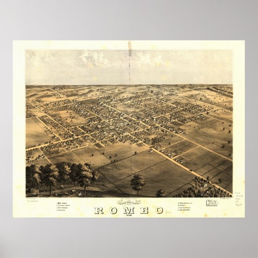 Romeo Michigan 1868 Antiek Panorama Poster (Voorkant)