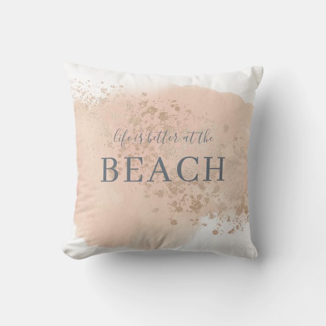 Romige Blush Roze Blauw en Goud Strand Buitenkussen (Voorkant)