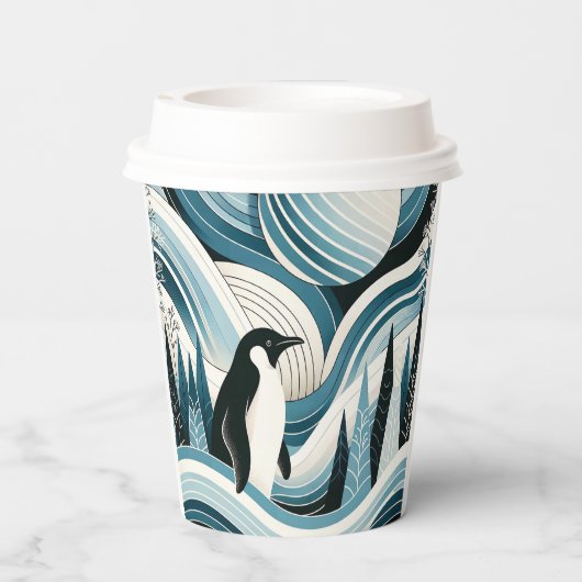 Romige hemelsblauwe pinguïn in het ijswinterbos papieren bekers (Achterkant)