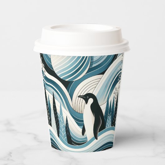 Romige hemelsblauwe pinguïn in het ijswinterbos papieren bekers (Voorkant)