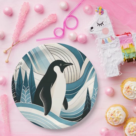 Romige hemelsblauwe pinguïn in het ijswinterbos papieren bordje (Feest)
