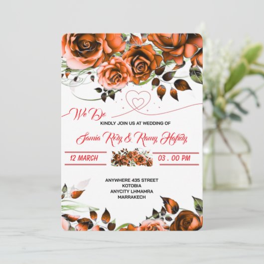 Romige Roos bruiloft uitnodiging Sjabloon | afdruk (Staand voorkant)