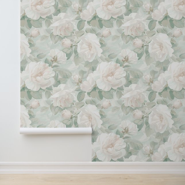  romige rozen & pastel groene bloemblaadjes behang (Applicatie)