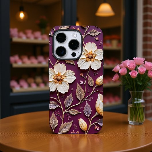Romige witte bloemen op donkere textuur Case-Mate iPhone case
