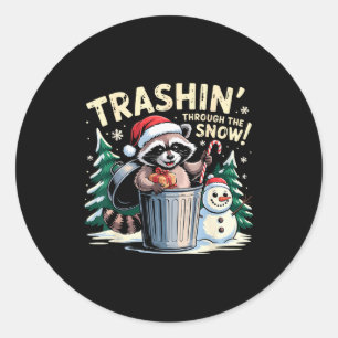 Rommelend door de sneeuw Kerst Mop Raccoon H Ronde Sticker