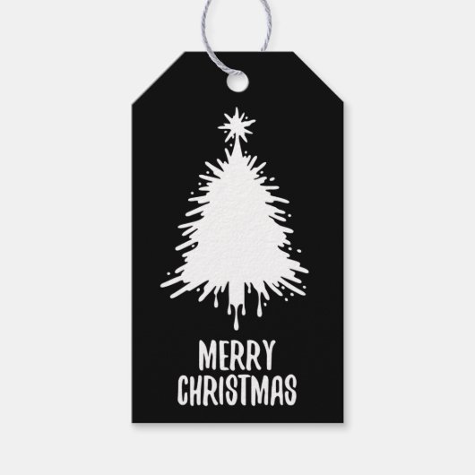 Rommelige & Grungy Zwarte & Witte Kerstboom Cadeaulabel (Voorkant)