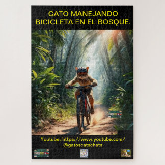 ROMPECABEZA GATO MANEJANDO BICICLETA EN EL BOSQUE. LEGPUZZEL
