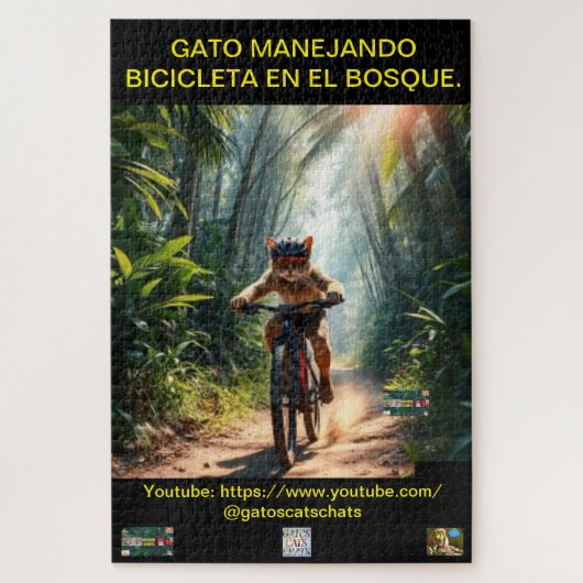 ROMPECABEZA GATO MANEJANDO BICICLETA EN EL BOSQUE. LEGPUZZEL (Verticaal)