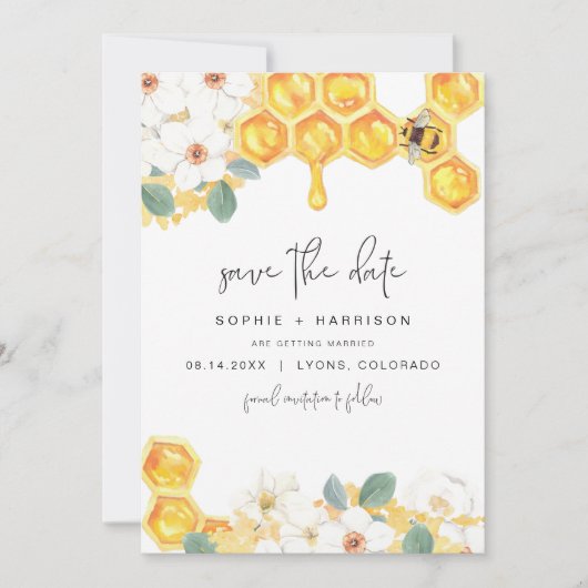 ROMY Rustic White Floral Honey Bee Save the Date Kaart (Voorkant)