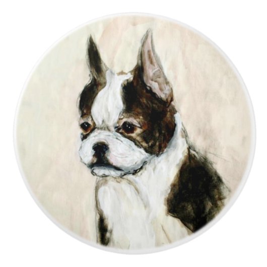 Ron Hevener Boston Terrier Doorknob Keramische Knop (Voorkant)