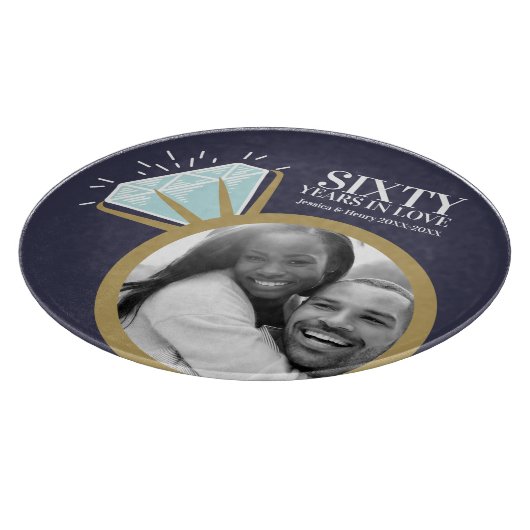 Rond 60e trouwdag met blauwe goudring snijplank (Hoek)