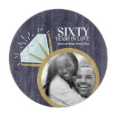 Rond 60e trouwdag met blauwe goudring snijplank (Voorkant)