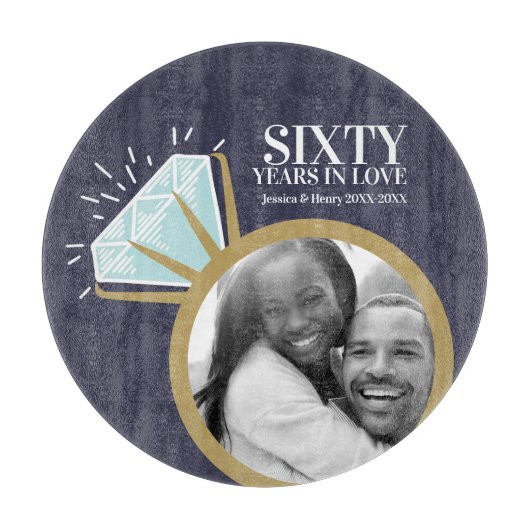 Rond 60e trouwdag met blauwe goudring snijplank (Voorkant)