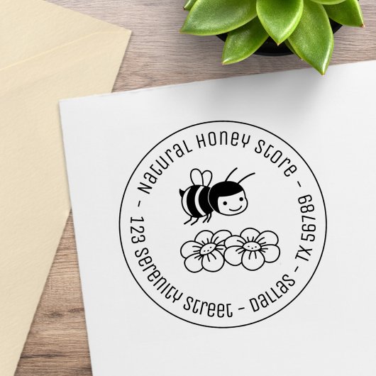 Rond adres 3 van de honingbijen en bloemen rubberstempel
