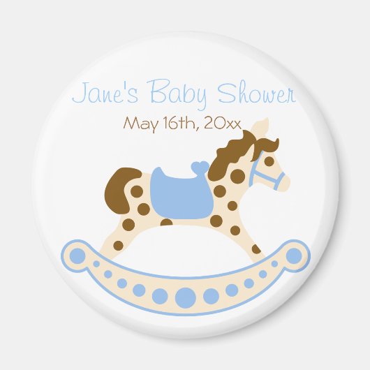 Rond Blauw Rocking Horse Baby shower Magnet (Voorkant)