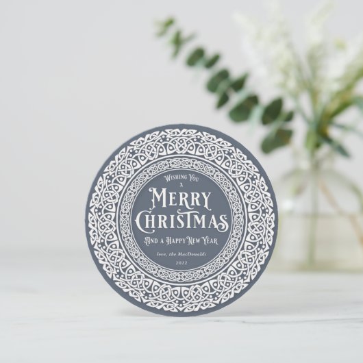 Rond  Blauw + Wit Keltisch Feestdagenkaart (Staand voorkant)