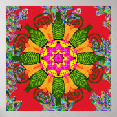 Rond bloemmandala gekleurd op een rood, groen en poster (Voorkant)