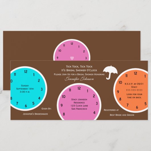Rond de klok Bruids Douche Uitnodiging Bruin (Voorkant / Achterkant)