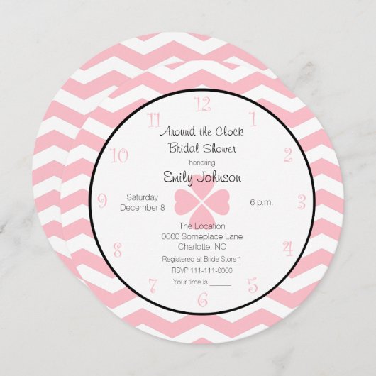Rond de klok Bruids Douche Uitnodiging in Roze (Voorkant / Achterkant)