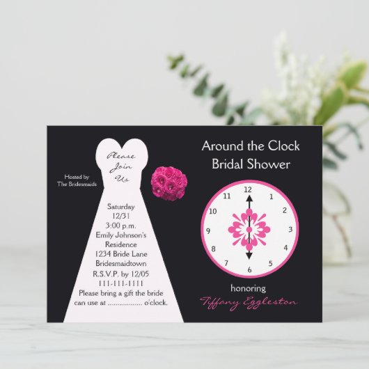Rond de klok bruids douche uitnodigingen (Staand voorkant)
