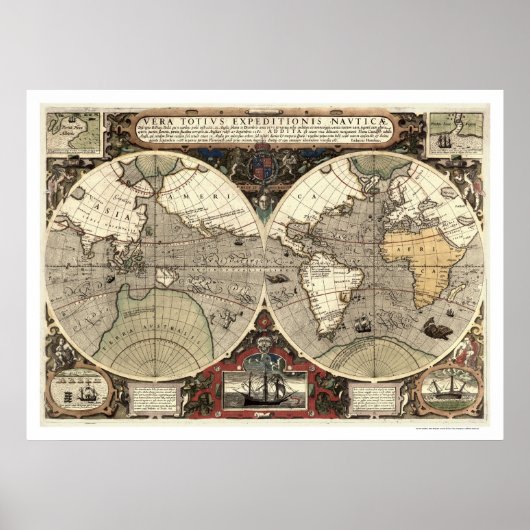 Rond de Wereld Drake Map - 1595 Poster (Voorkant)