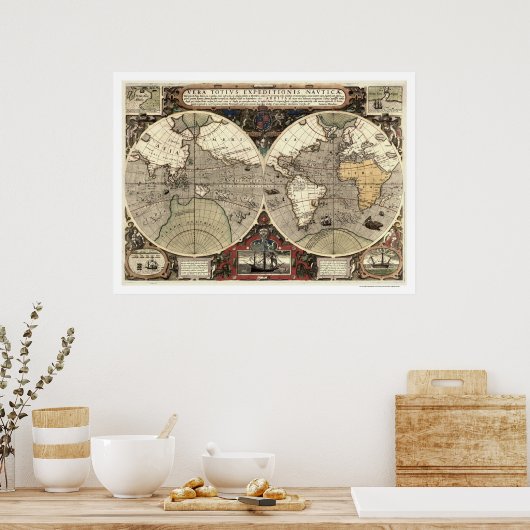 Rond de Wereld Drake Map - 1595 Poster (Keuken)