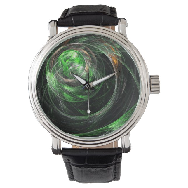 Rond de Wereld Groene Abstracte Kunst Horloge (Voorkant)