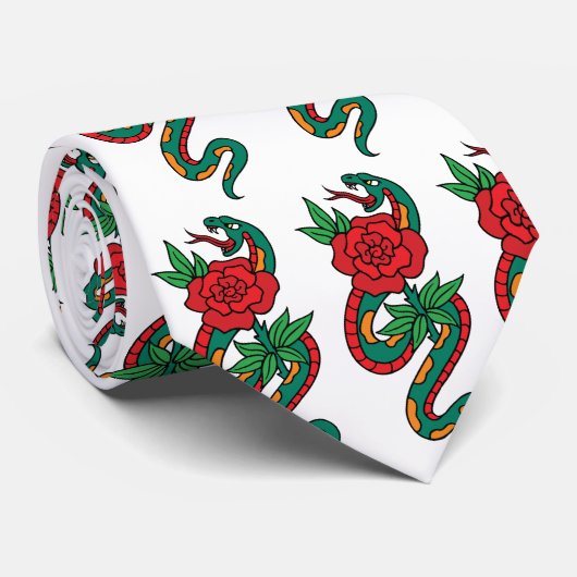 Rond een rode roze Tattoo Stropdas (Opgerold)