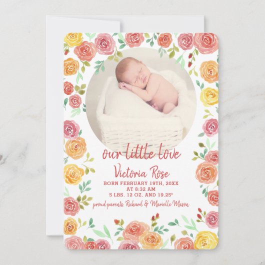 Rond foto bloemenschildering waterverf geboorte aankondiging (Voorkant)