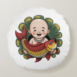 Rond Kussen Schattigee jongen met Lucky Koi