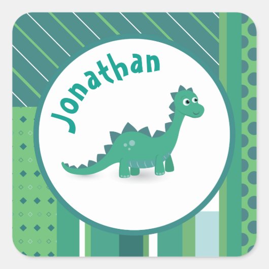 Rond lijst in groet/blauw met schattige dinosaurus vierkante sticker (Voorkant)