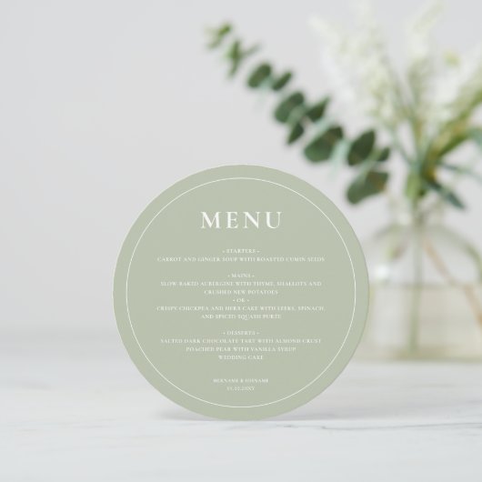 Rond Modern Eenvoudig Sage Groen Wedding Menu (Staand voorkant)