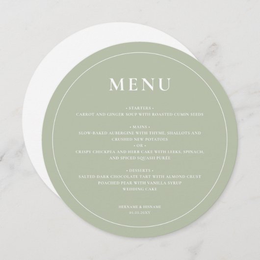 Rond Modern Eenvoudig Sage Groen Wedding Menu (Voorkant / Achterkant)