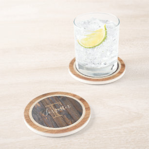 Rond Monogram Onderzetter van Hout in Rustieke Sti
