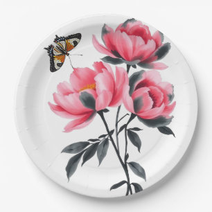 Rond Papier Bord, 9" - pioenen, vlinder Papieren Bordje