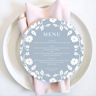 Rond Stoffig Blauw Wit Folk Bloemen Trouwmenu Feestdagenkaart