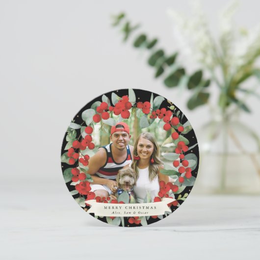 Rond/vierkant Rood Berry+Eucalyptuskerstmis Feestdagenkaart (Staand voorkant)