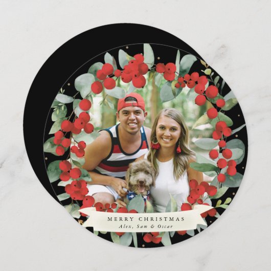 Rond/vierkant Rood Berry+Eucalyptuskerstmis Feestdagenkaart (Voorkant / Achterkant)