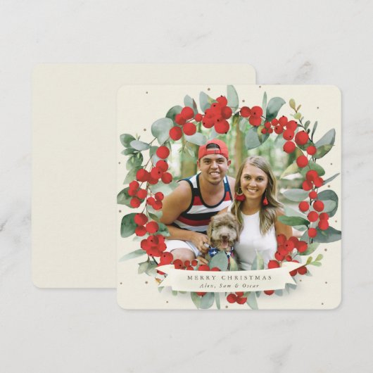 Rond/vierkant Rood Berry+Eucalyptuskerstmis Feestdagenkaart (Voorkant / Achterkant)
