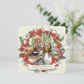 Rond/vierkant Rood Berry+Eucalyptuskerstmis Feestdagenkaart (Staand voorkant)