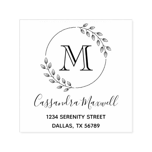 Rond Wreate, Leaves Monogram 2 Adres Zelfinktende Stempel (Design)