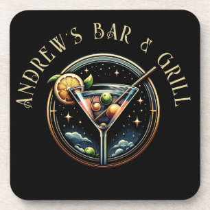 Rond Zwart & Goud Martini Logo Bar & Grill Bier Onderzetter