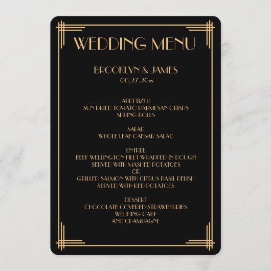 Rond zwart Great Gatsby Art Deco trouwmenu Menu (Voorkant)