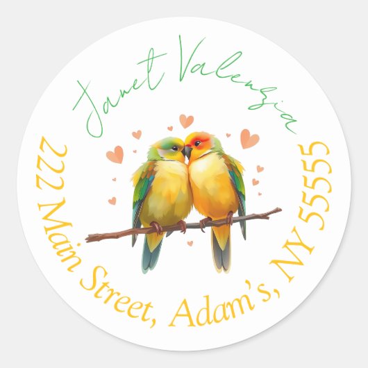 Ronde adresetiketten lovebirds sticker (Voorkant)