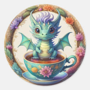 Ronde baby draak in een theekopje sticker