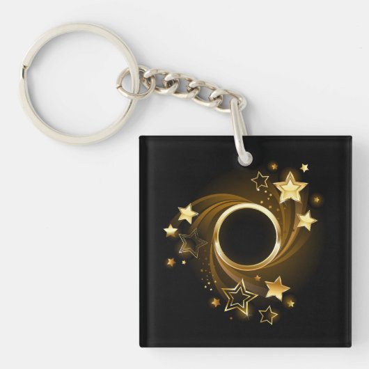 Ronde banner met gouden sterren op zwart sleutelhanger (Voorkant)