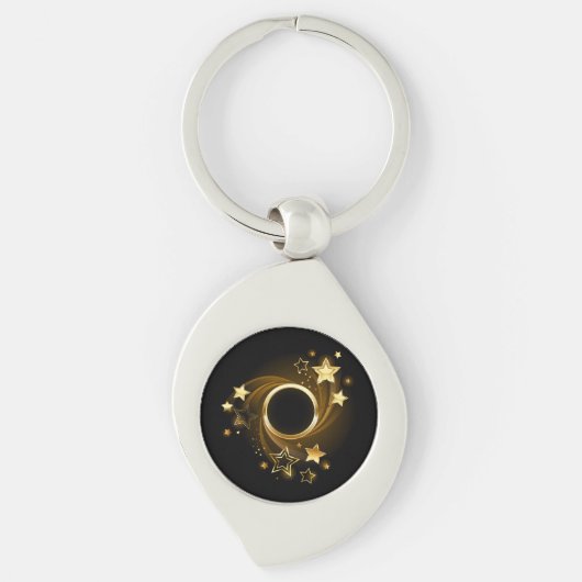 Ronde banner met gouden sterren op zwart sleutelhanger (Voorkant)